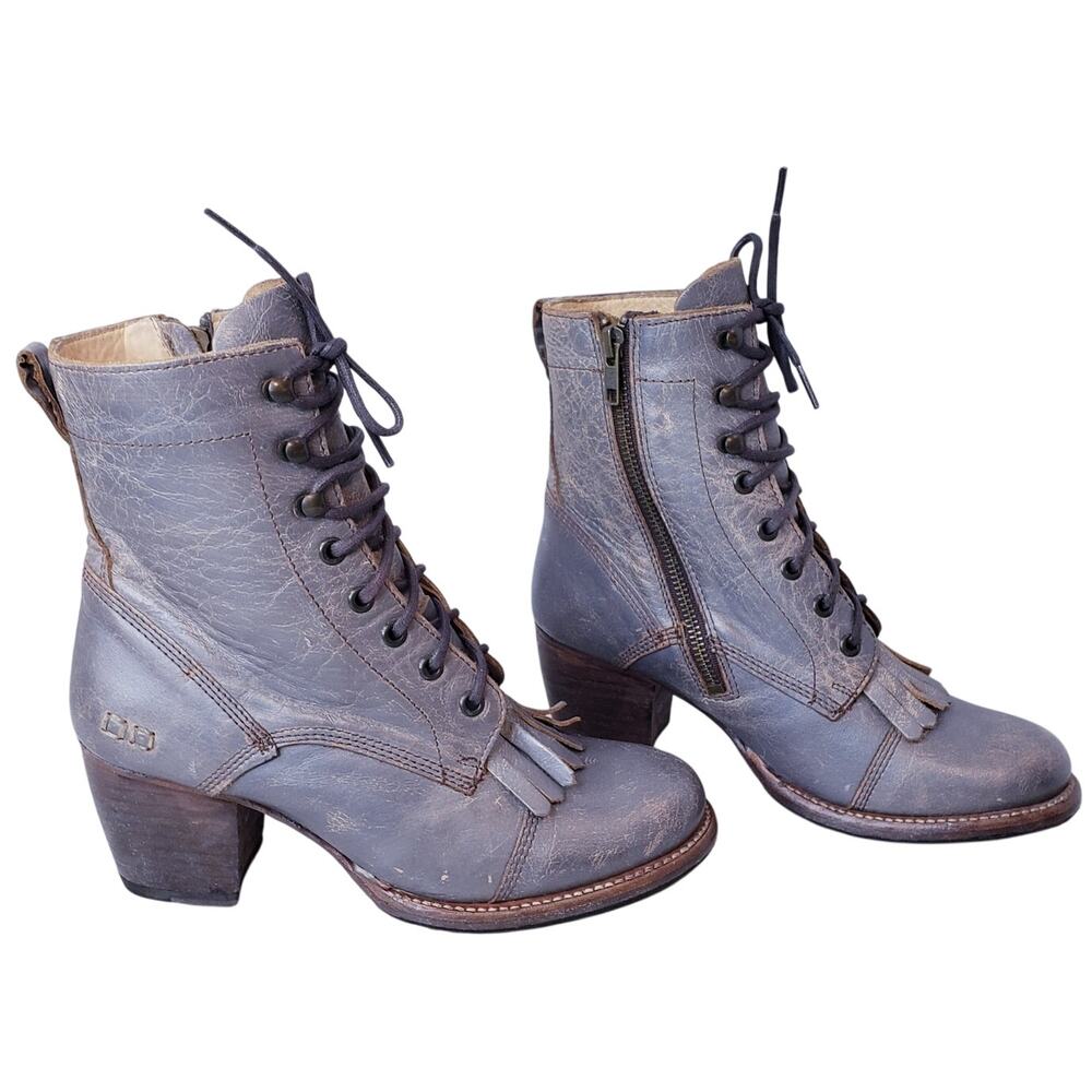 BED/STU Finis Distressed Leather Kiltie Boots Heeled Women's Size 8.5 in Gray